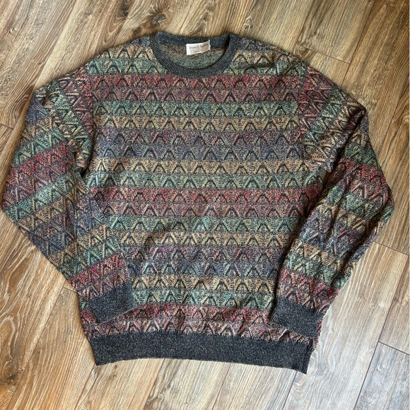 Vintage 90s Tricots St Raphael Knit Crewneck Sweater in fun geometric pattern L - Picture 1 of 6